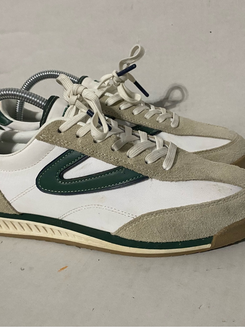 Tretorn White Sneakers with Green Accent and Tan Suede 8.5